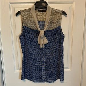 THE LIMITED Blue and Cream Tie Front Sheer Sleeveless Blouse